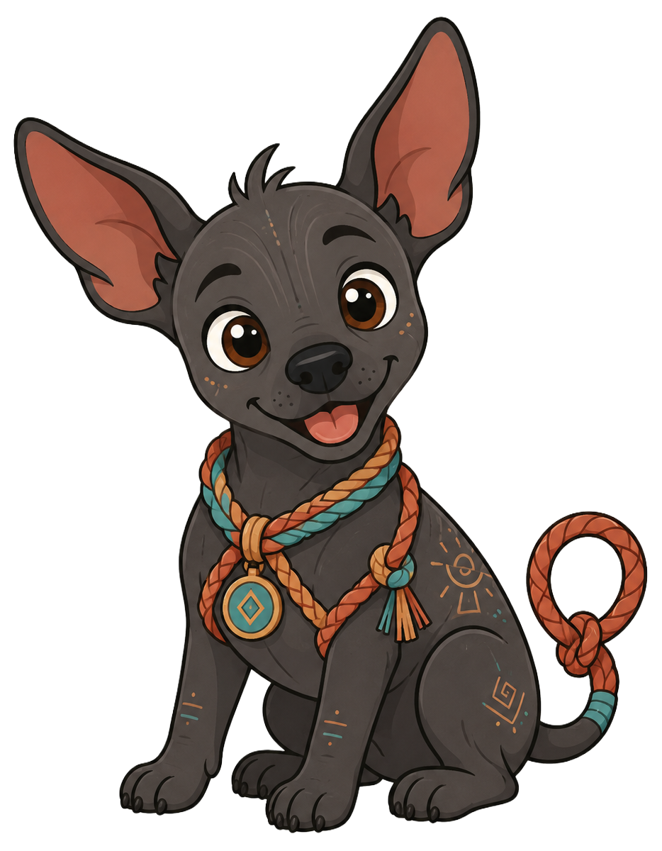 Mecatito — a Xoloitzcuintli puppy with a teal rope collar and copper ears, serving as the mecatl mascot